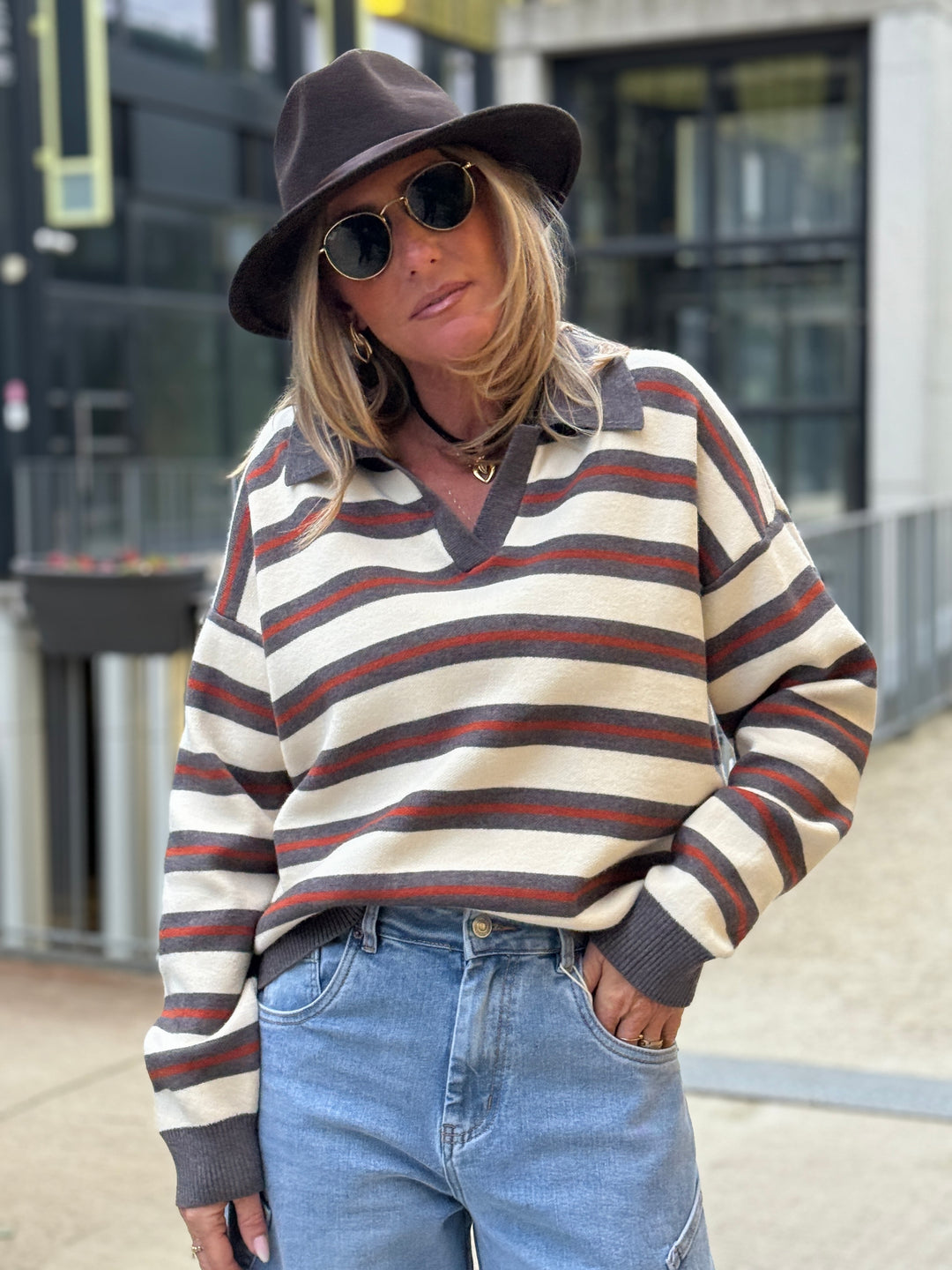 Pull rayure polo gris/orange 688