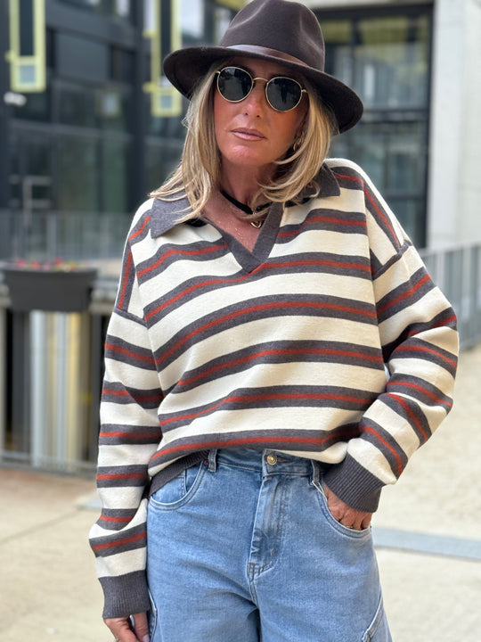 Pull rayure polo gris/orange 688