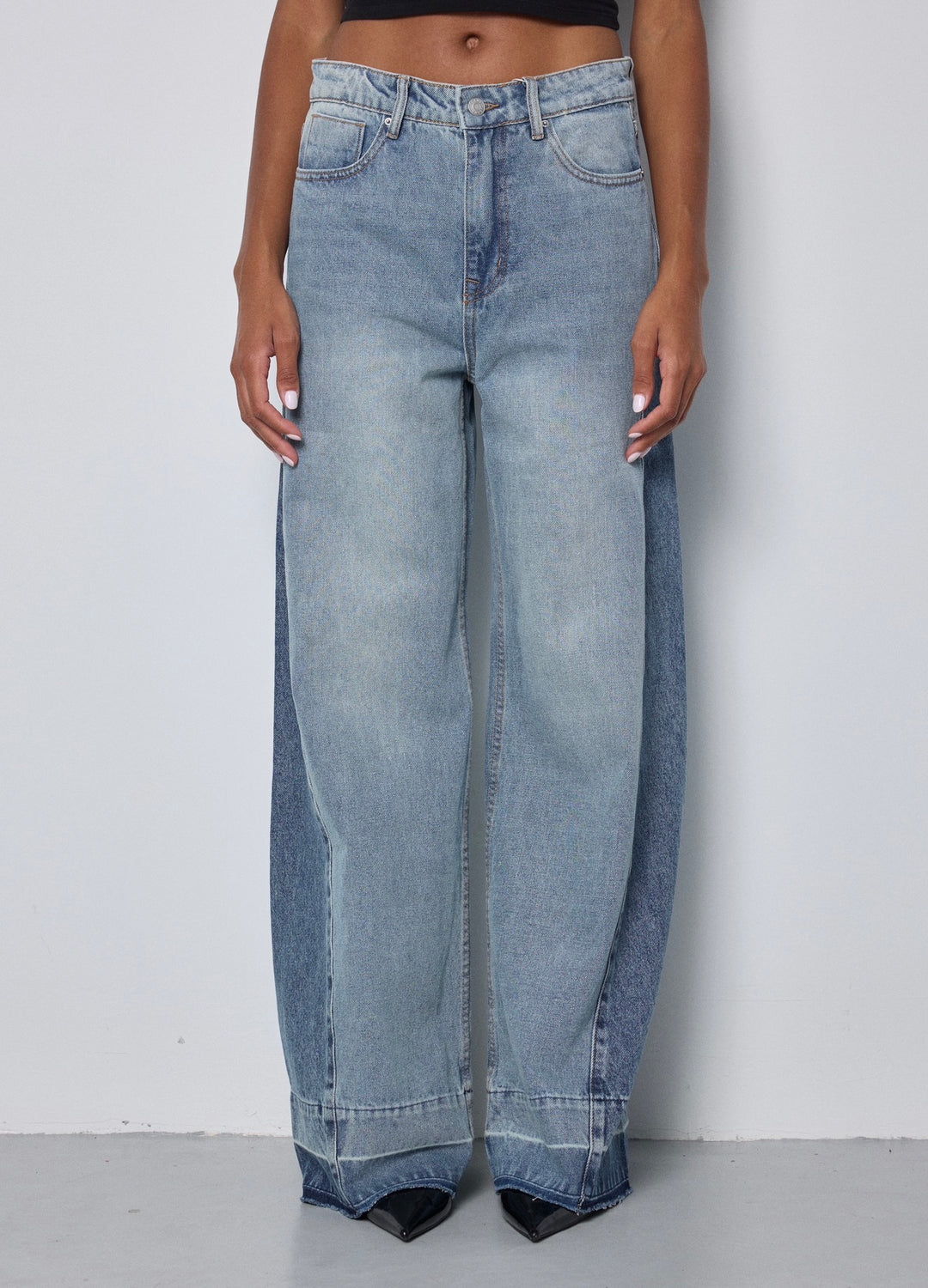 Jean large contrastée à taille mi-haute 9048
