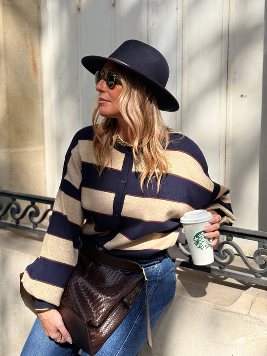 Pull Gilet a rayure Bleu BN-005