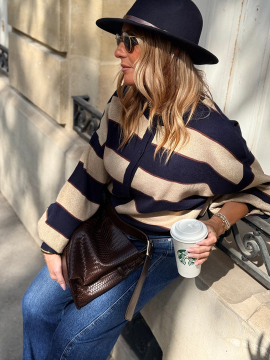 Pull Gilet a rayure Bleu BN-005