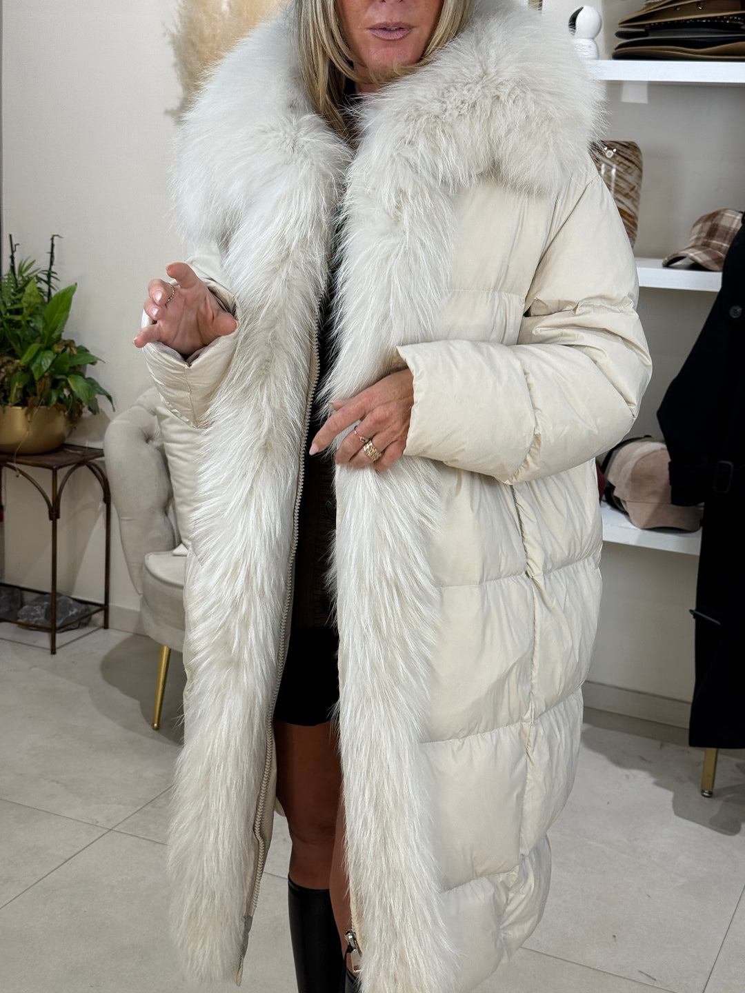 Doudoune longue Écru  fourrure authentique