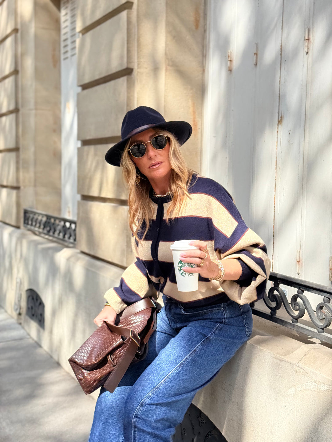 Pull Gilet a rayure Bleu BN-005