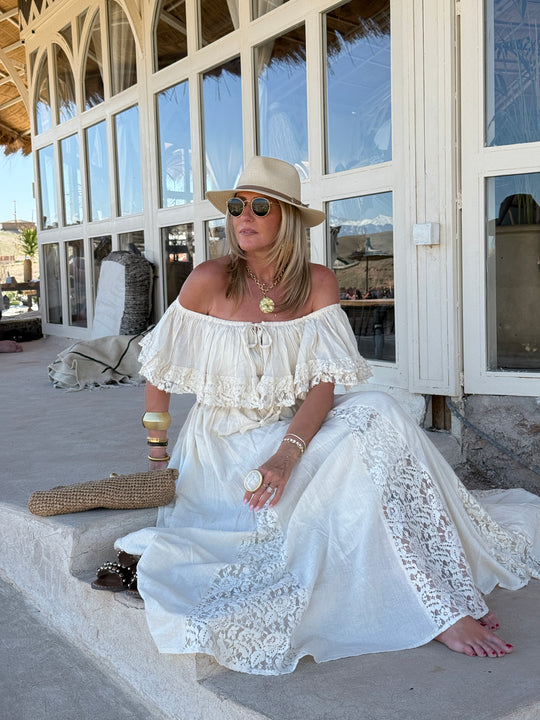 Robe longue avec dentelle crème NOTCHE
