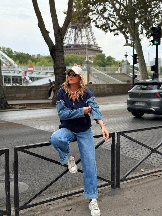 Pull À Zip Mi Maille Mi Denim H903 Bleu
