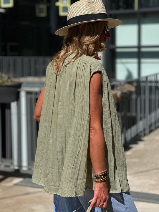 Chemise kaki brodée sans manches 2931