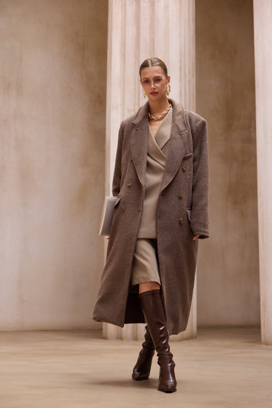 Manteau long taupe/choco boutons 24768