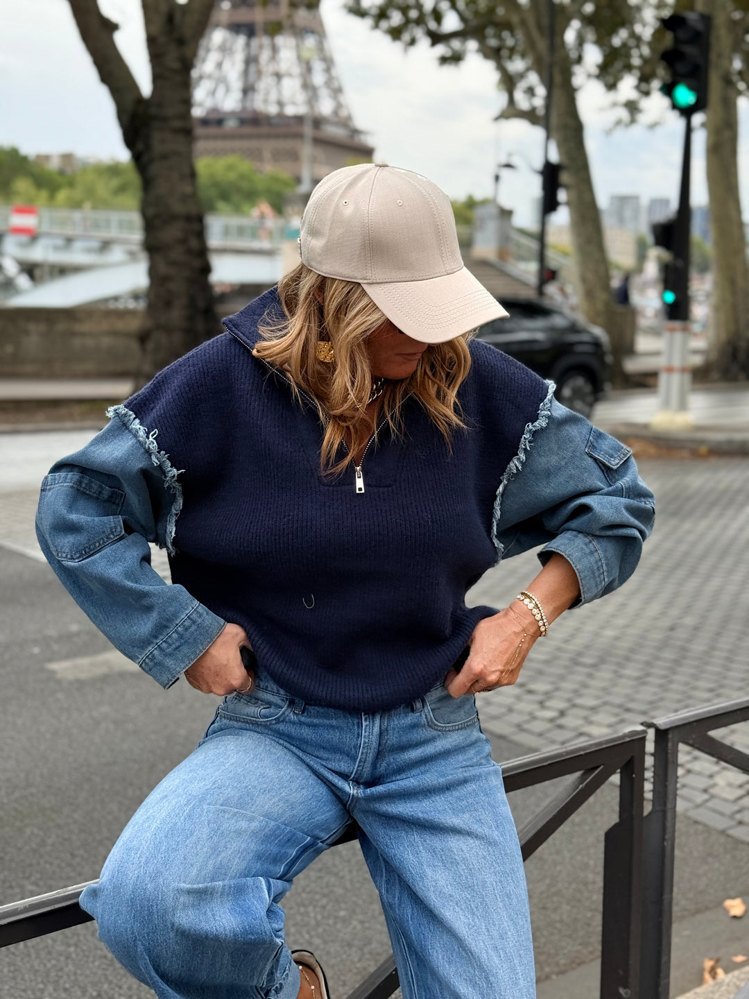 Pull À Zip Mi Maille Mi Denim H903 Bleu