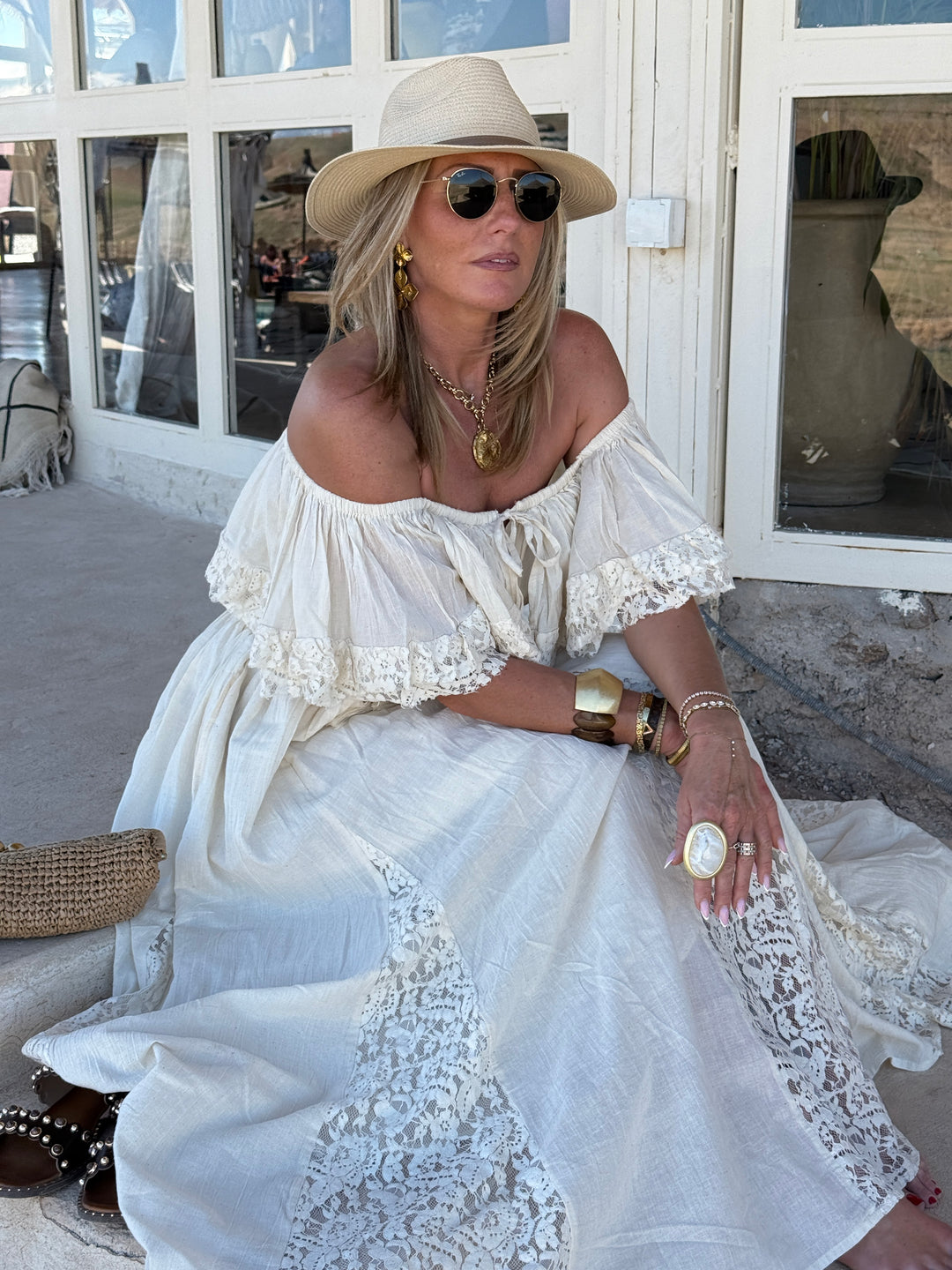 Robe longue avec dentelle crème NOTCHE