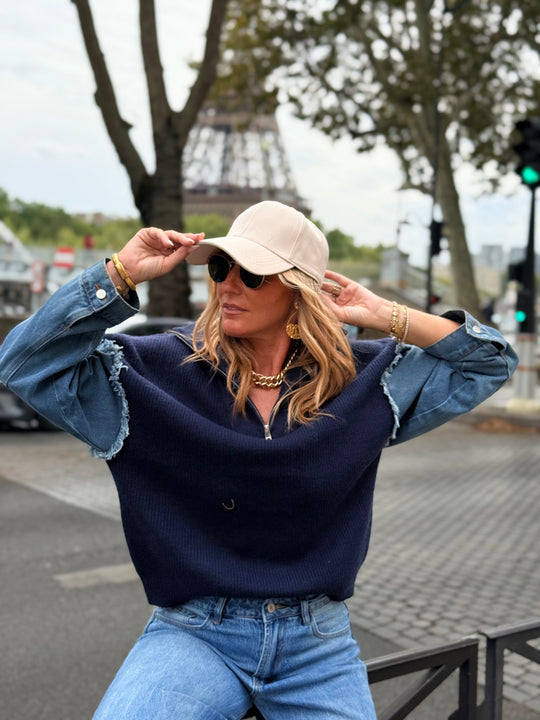 Pull À Zip Mi Maille Mi Denim H903 Bleu