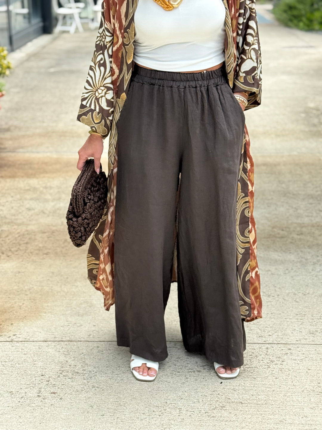 Pantalon lin palazzo choco