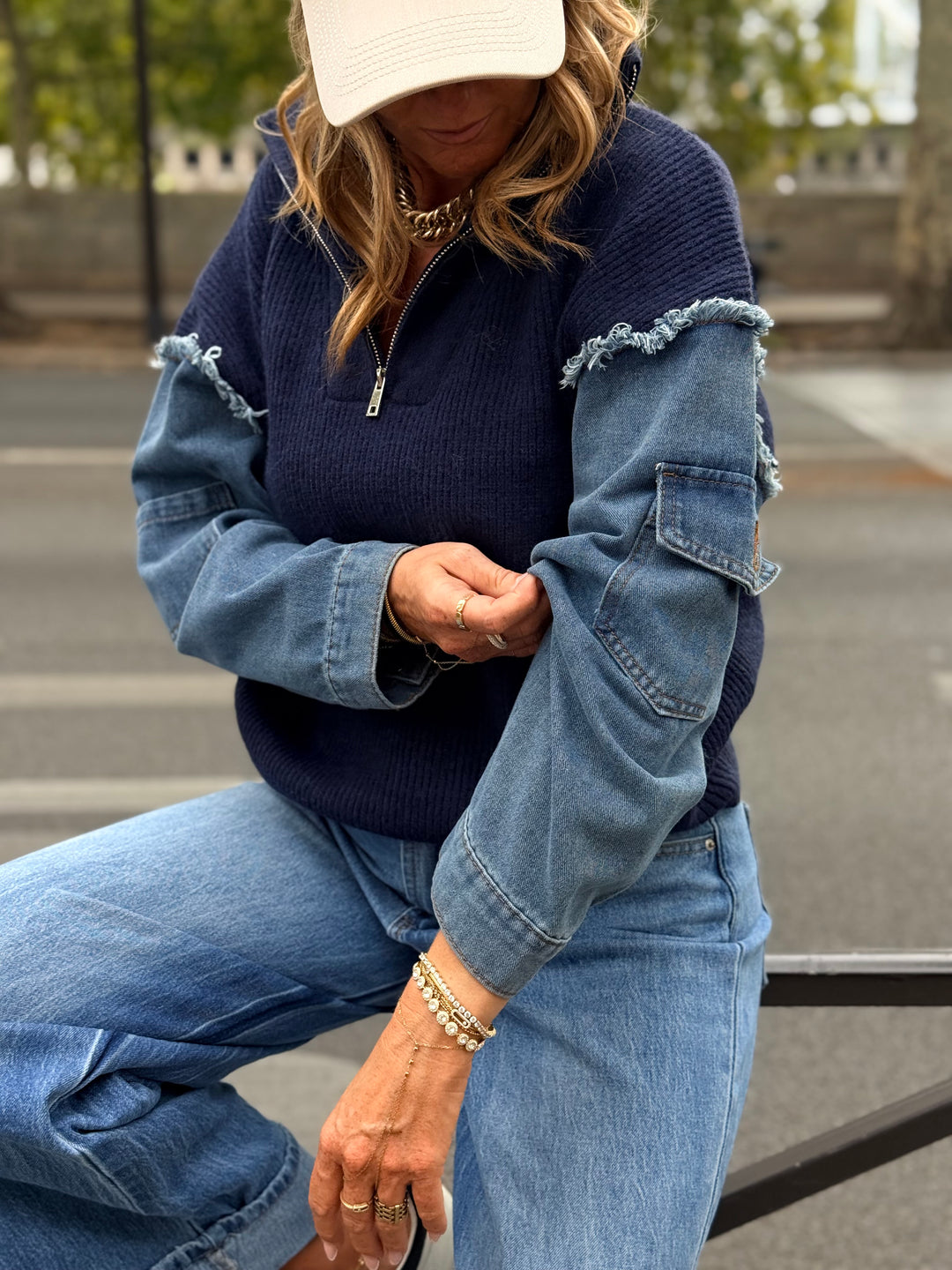 Pull À Zip Mi Maille Mi Denim H903 Bleu