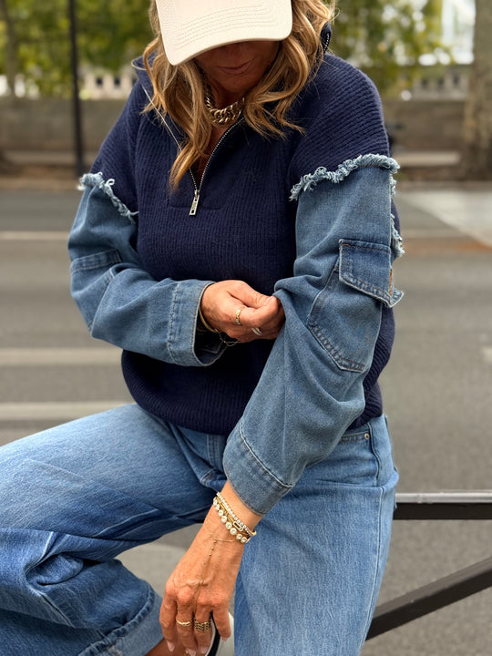 Pull À Zip Mi Maille Mi Denim H903 Bleu