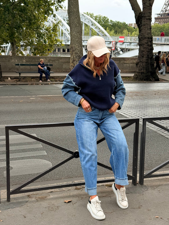 Pull À Zip Mi Maille Mi Denim H903 Bleu