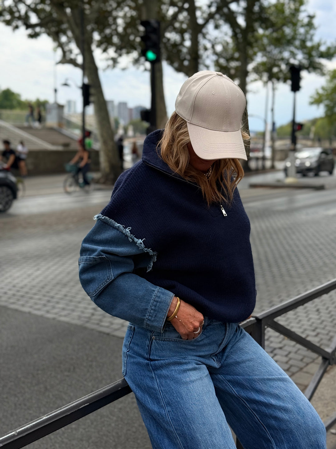 Pull À Zip Mi Maille Mi Denim H903 Bleu