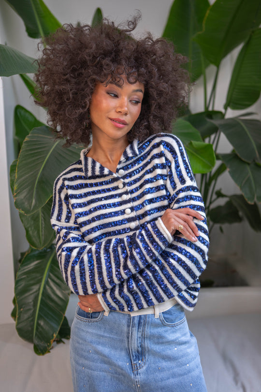 Gilet rayé bleu et beige avec sequin A/W 25