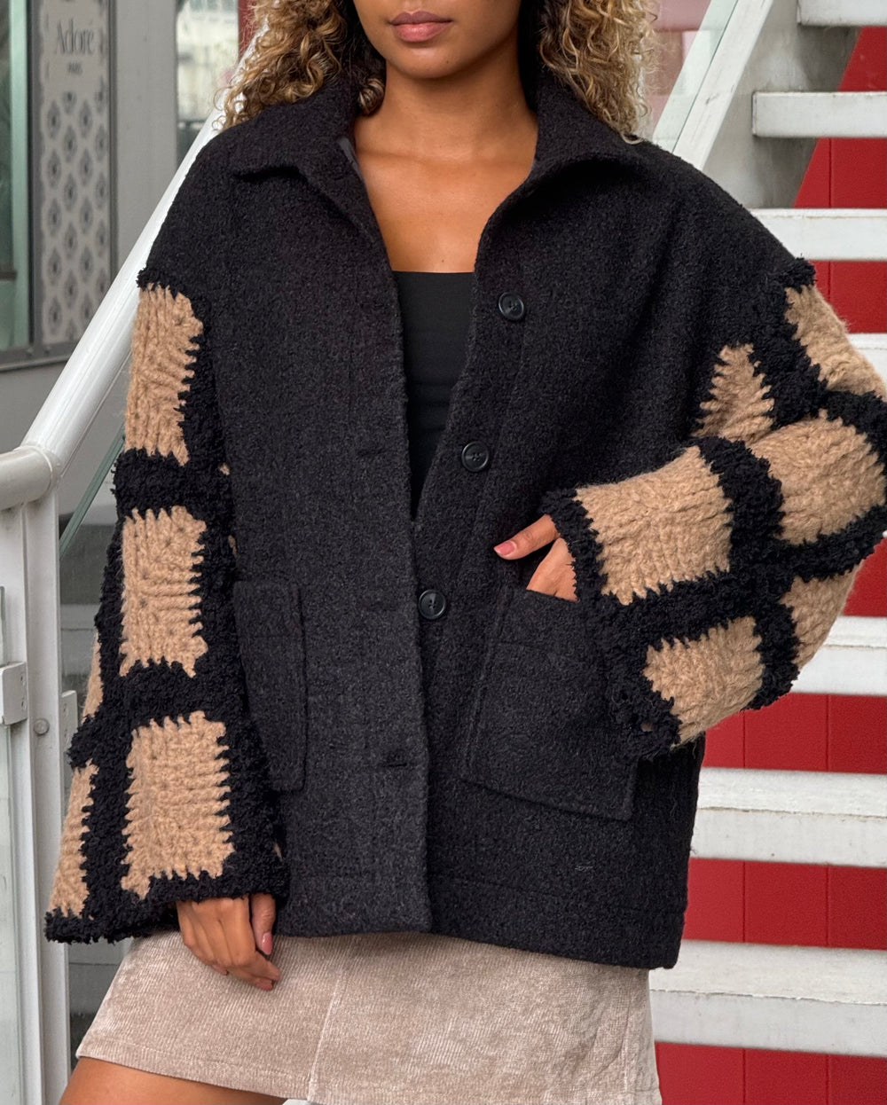 Manteau manches tricotes Delphine noir 012