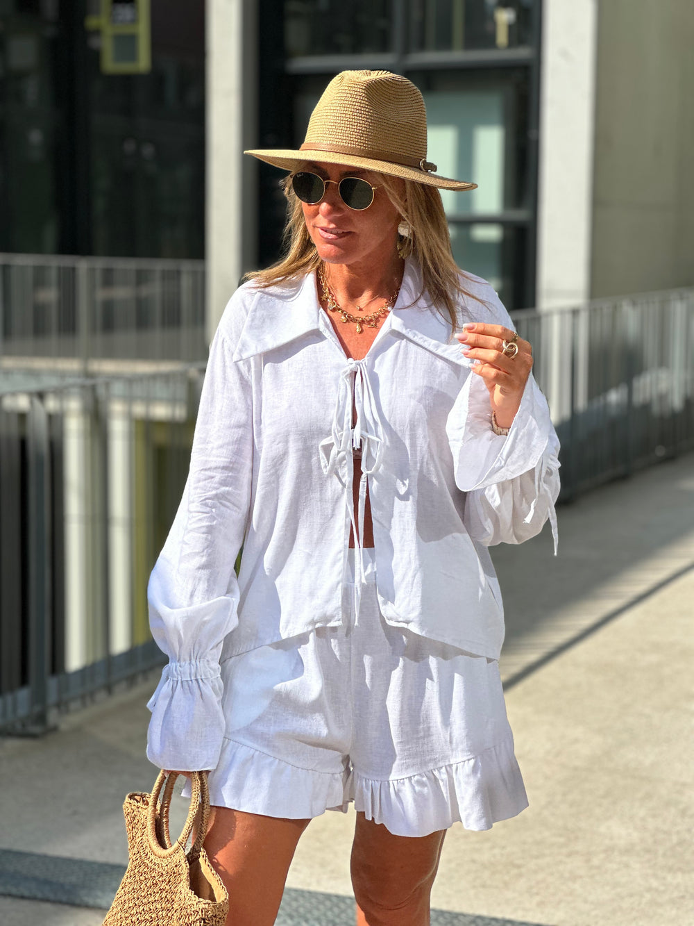 Ensemble lin blouse + short Blanc