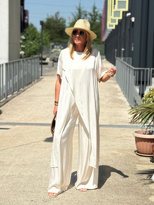 Ensemble tunique croisée + pantalon ECRU