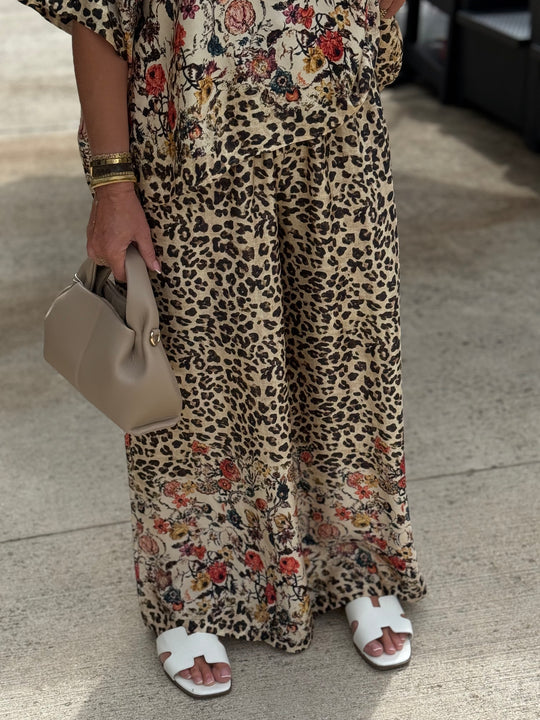 Ensemble satin soie léopard fleuri