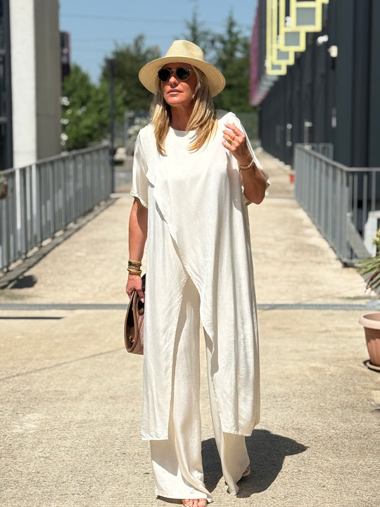 Ensemble tunique croisée + pantalon ECRU