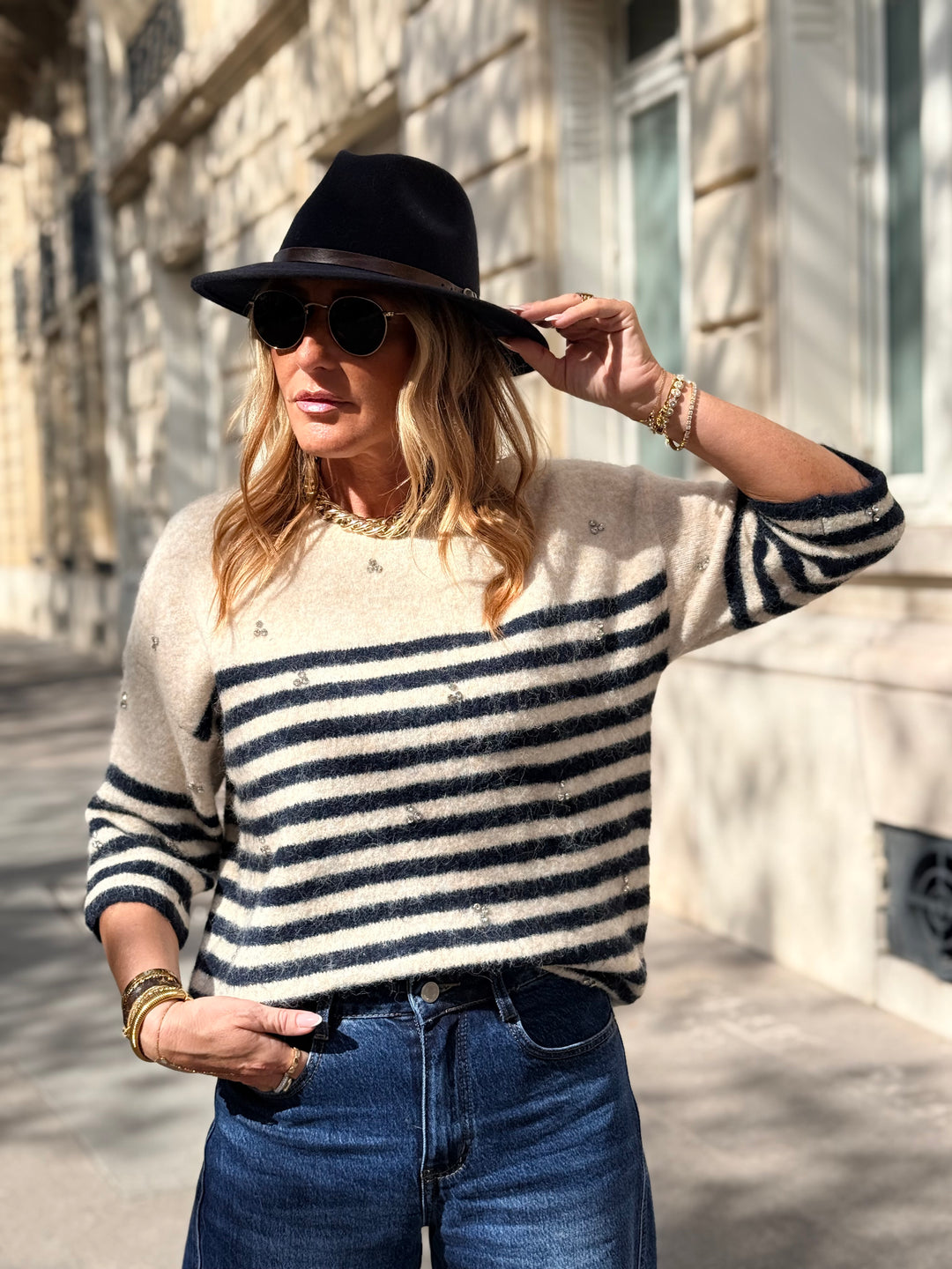 Pull rayure strass bleu marine H628