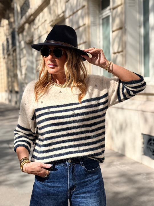 Pull rayure strass bleu marine H628