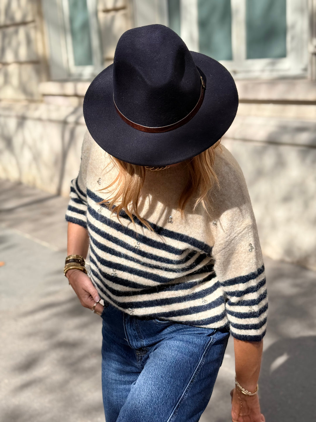 Pull rayure strass bleu marine H628