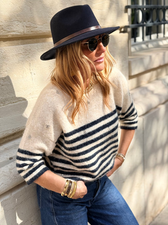 Pull rayure strass bleu marine H628
