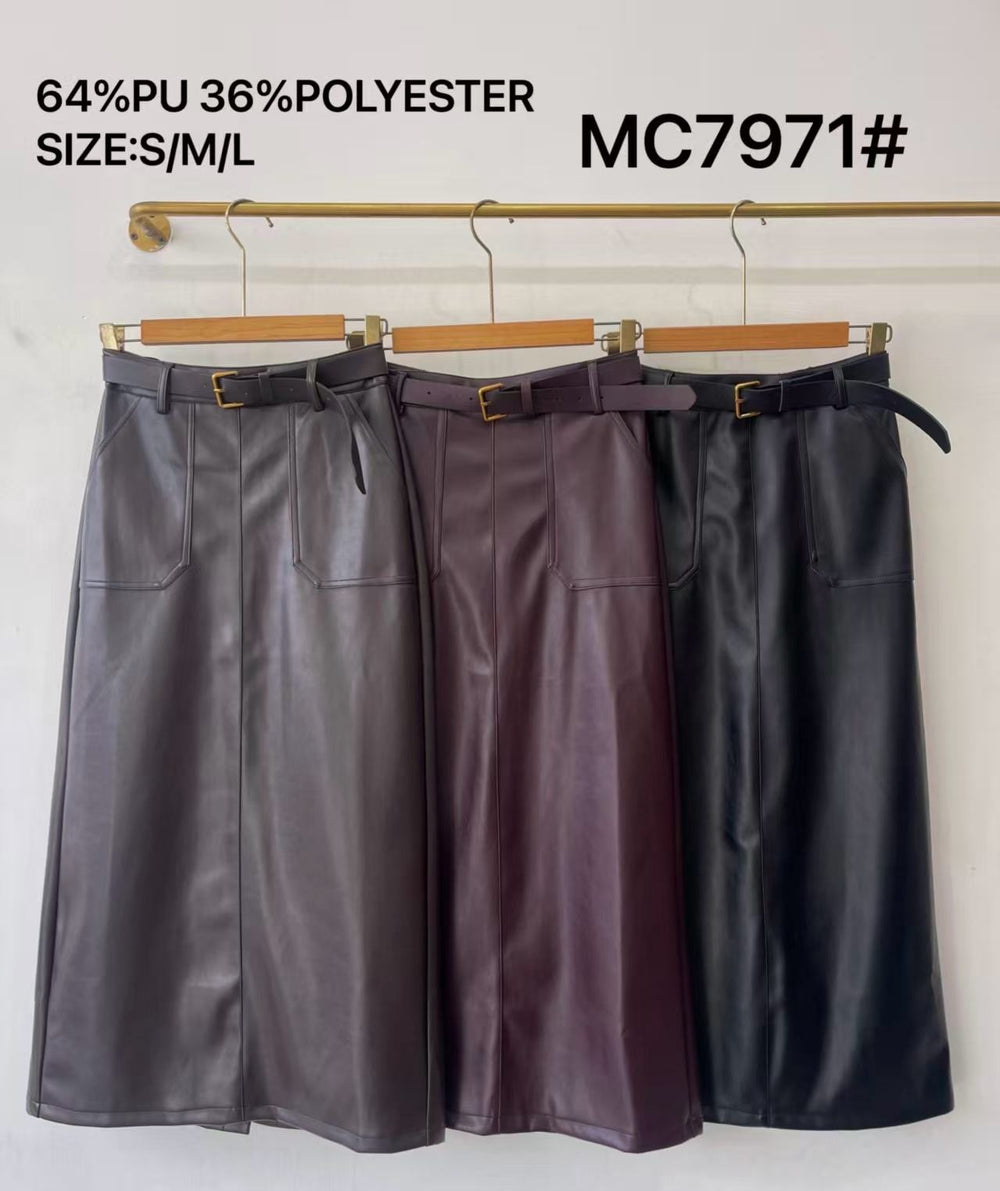 Jupe similicuir tube fente ceinture Bordeaux 7971