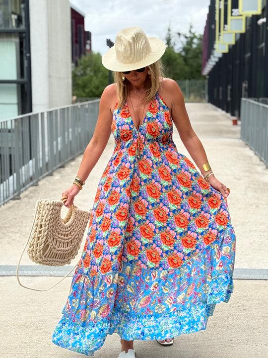 Robe imprimée attachée patchwork dos nu