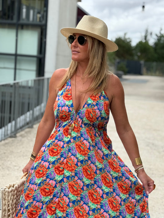 Robe imprimée attachée patchwork dos nu