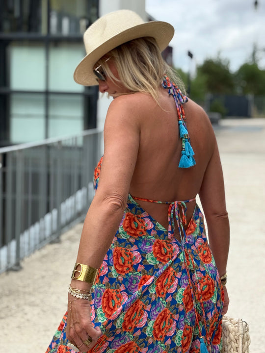 Robe imprimée attachée patchwork dos nu
