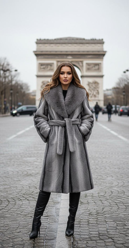 Manteau long fourrures col 202273 Gris