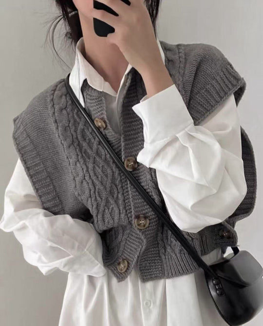 Gilet laine bouton brodé 6141 gris