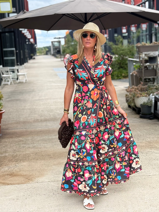 Robe longue fond noir FLEURI 270