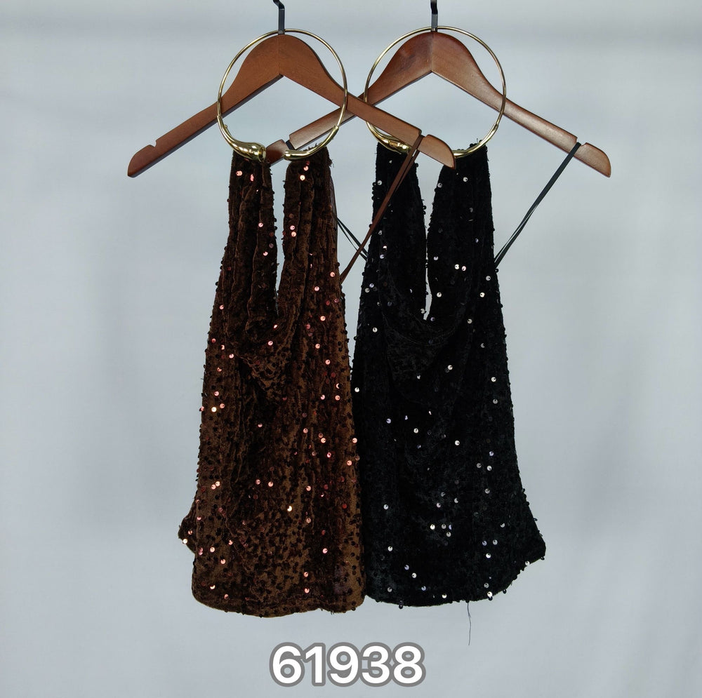 Top sequin velour col collier or en Noir 61938