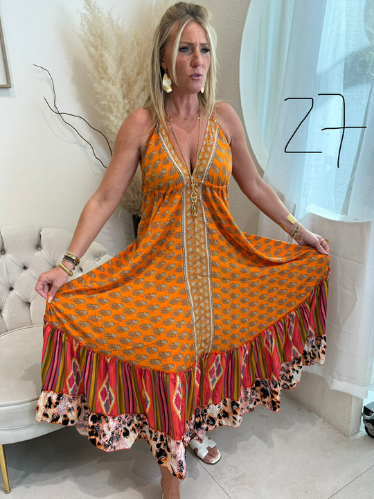 Robe imprimée attachée patchwork dos nu