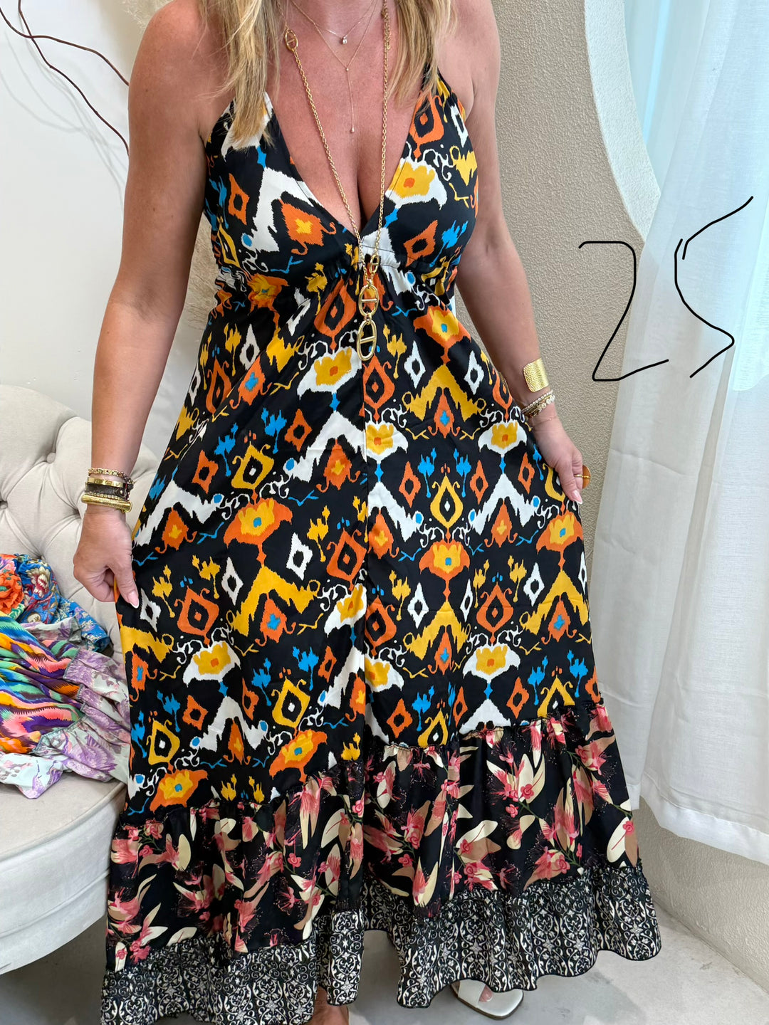 Robe imprimée attachée patchwork dos nu