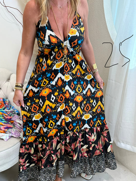 Robe imprimée attachée patchwork dos nu