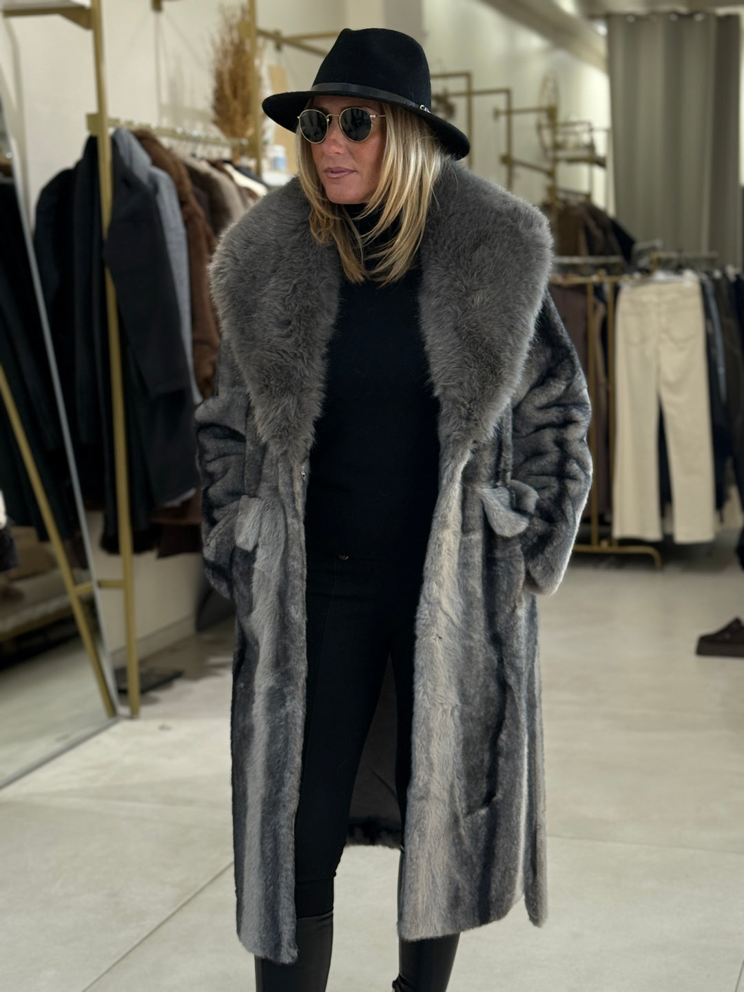 Manteau long fourrures col 202273 Gris