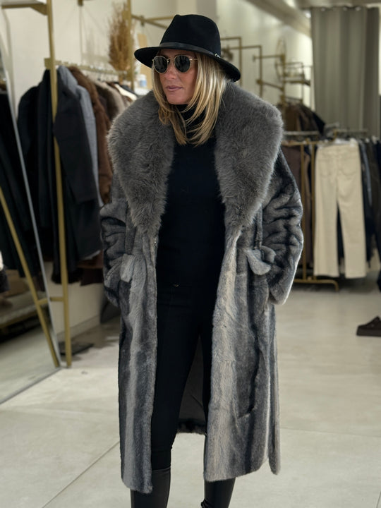 Manteau long fourrures col 202273 Gris