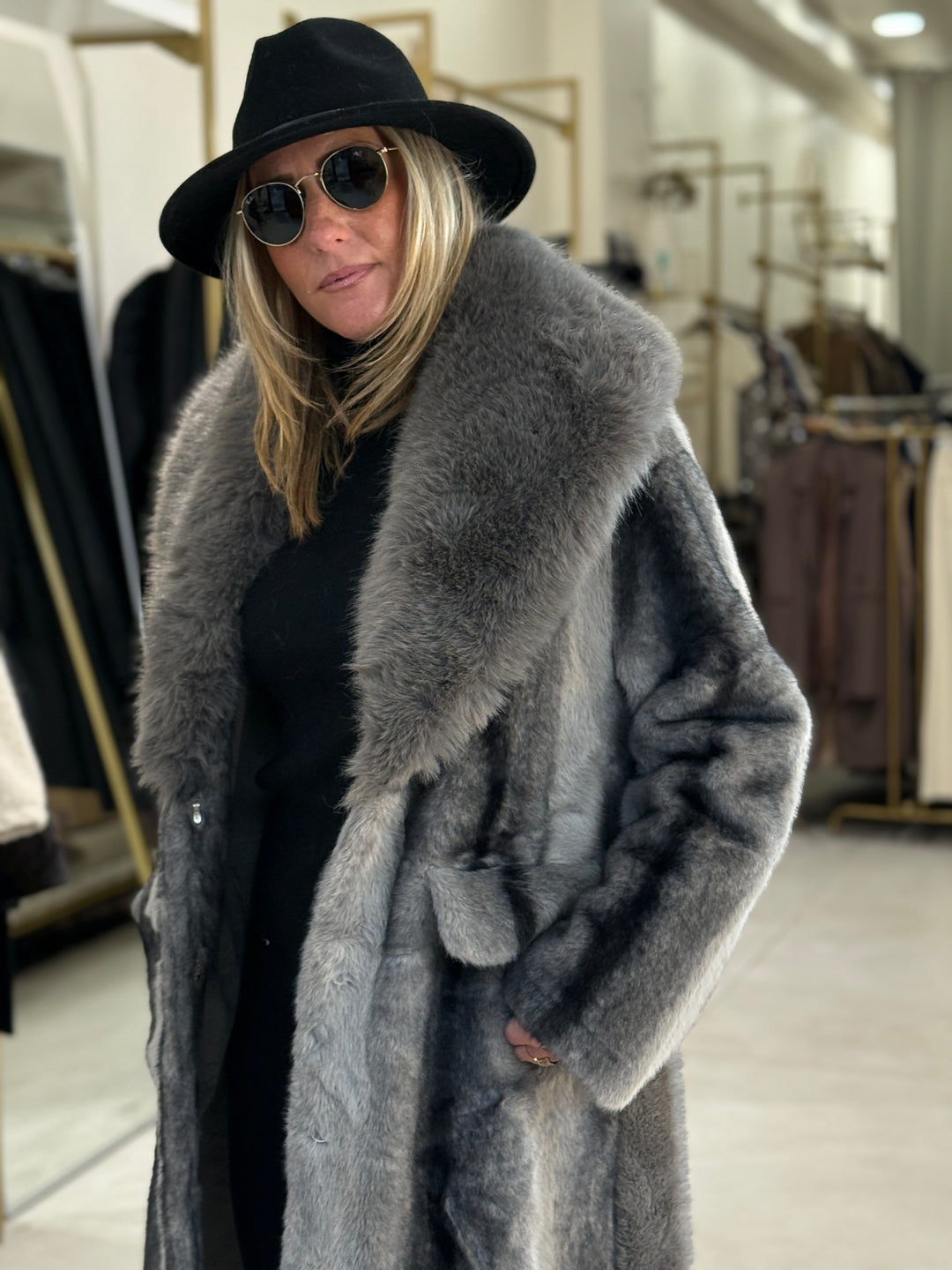 Manteau long fourrures col 202273 Gris