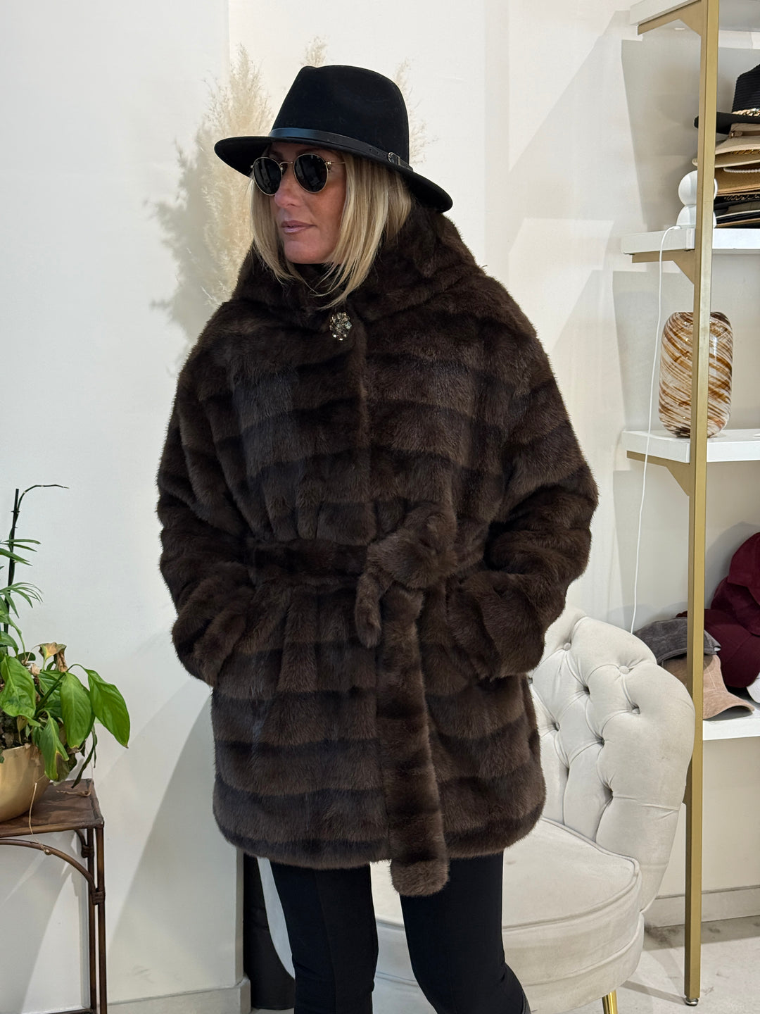 Fourrure rayure ceinture Choco 5509