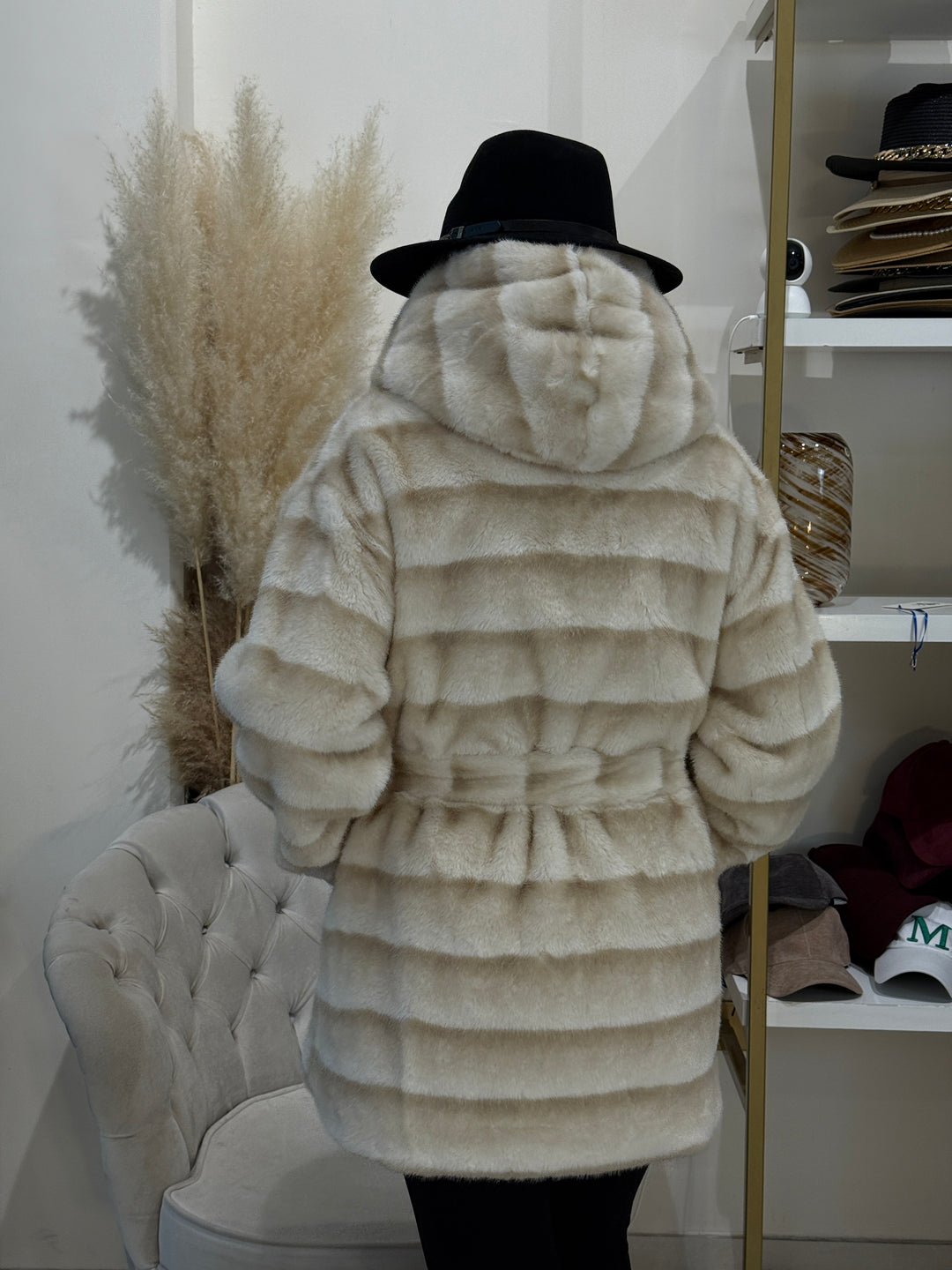 Fourrure rayure ceinture beige 5509