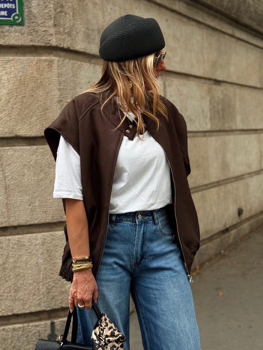 Veste sans manche maxi oversize choco