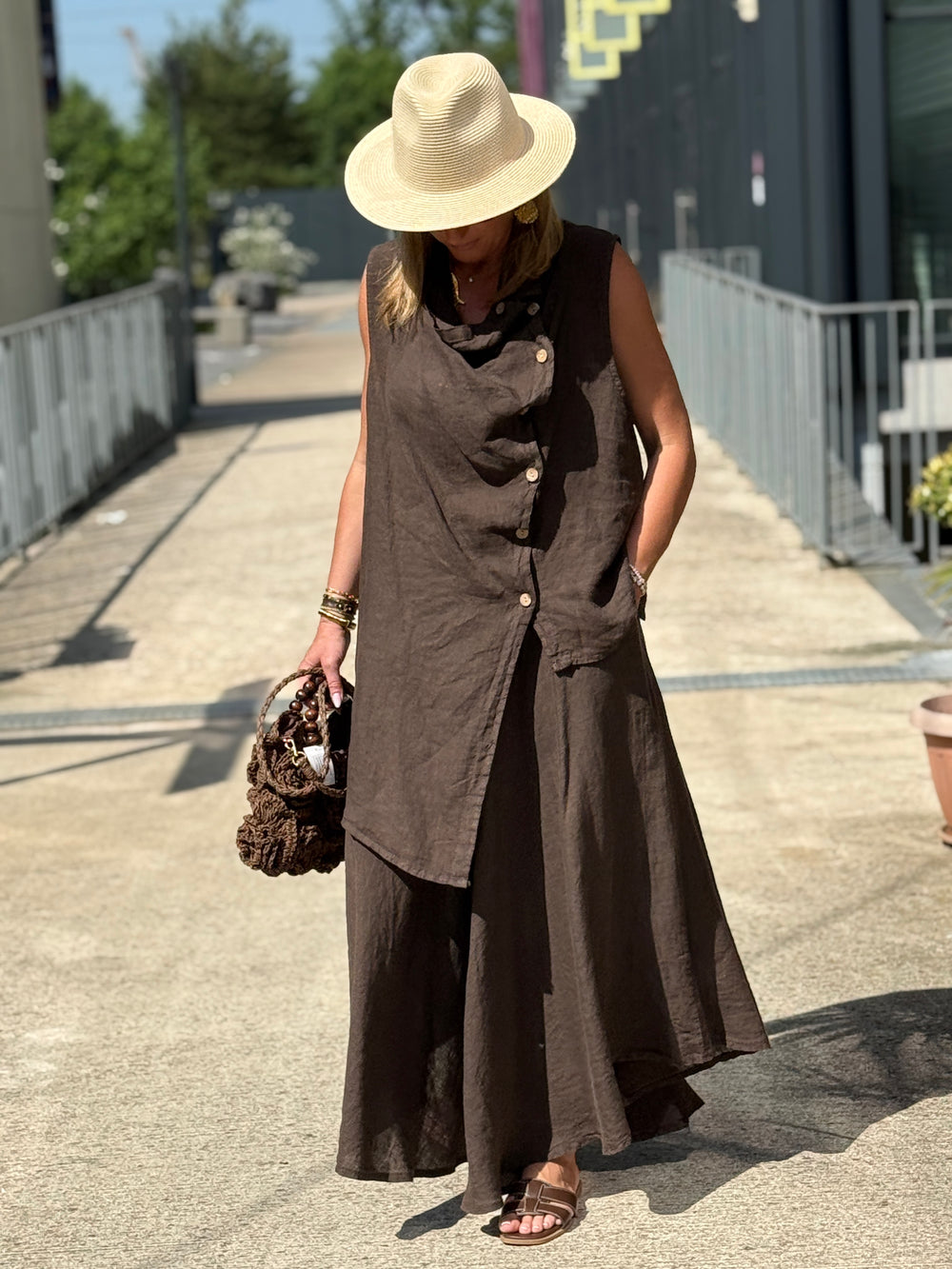 Jupe élastique avec ceinture paille CHOCO