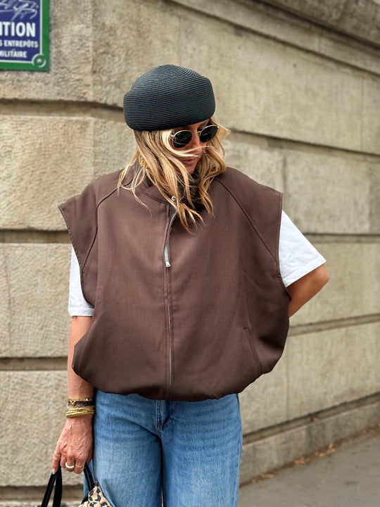Veste sans manche maxi oversize choco