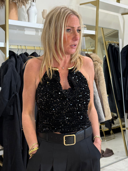 Top sequin velour col collier or en Noir 61938