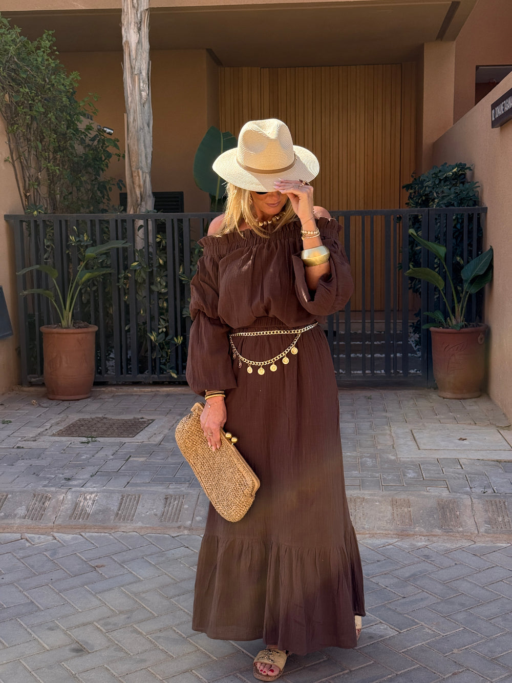 Ensemble Choco haut épaules dénudées + jupe longue 9376